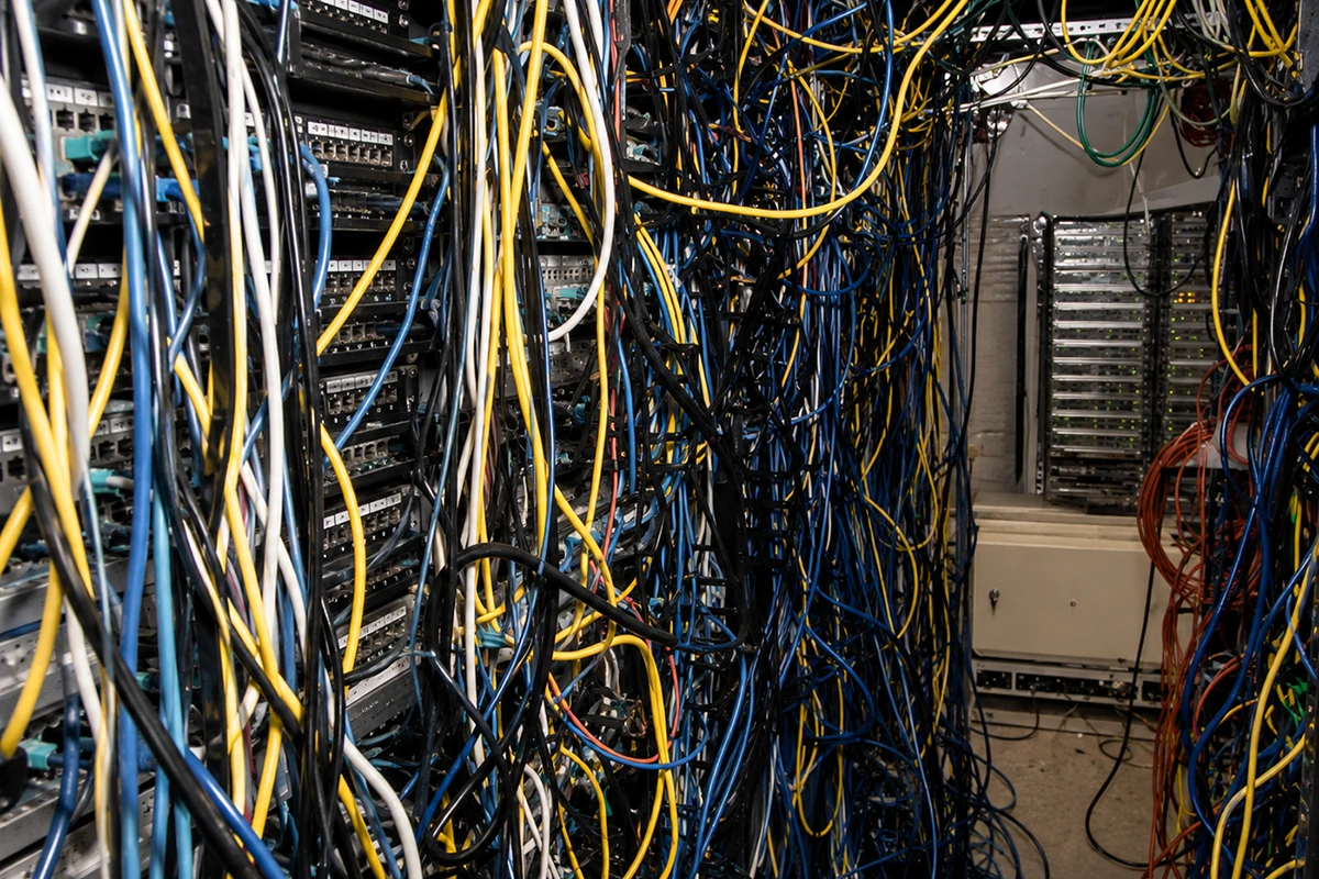 Messy server room with tangled cables
